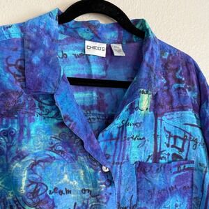 Chicos 3 XL Blue Silk Linen Blouse Script Art to Wear Artsy Abstract Resort